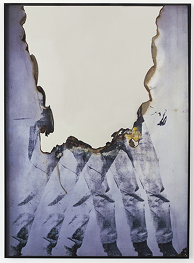 Douglas Gordon's "Self Portrait of You + Me (Elv)", 2015, Burned print, smoke and mirror, 168,5 x 123 x 5 cm, Unique piece. Courtesy of Dvir Gallery.