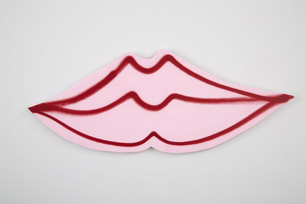 Sadie Laska, 'Lips', 2016 acrylic and spray paint on mdf panel, 18 3/4 X 48 X 1/2 in. 'Sexting', Kate Werble Gallery, New York, NY, July 21, 2016 - August 19, 2016. Courtesy of the artist and Kate Werble Gallery, New York, NY. Photography: Elisabeth Bernstein.