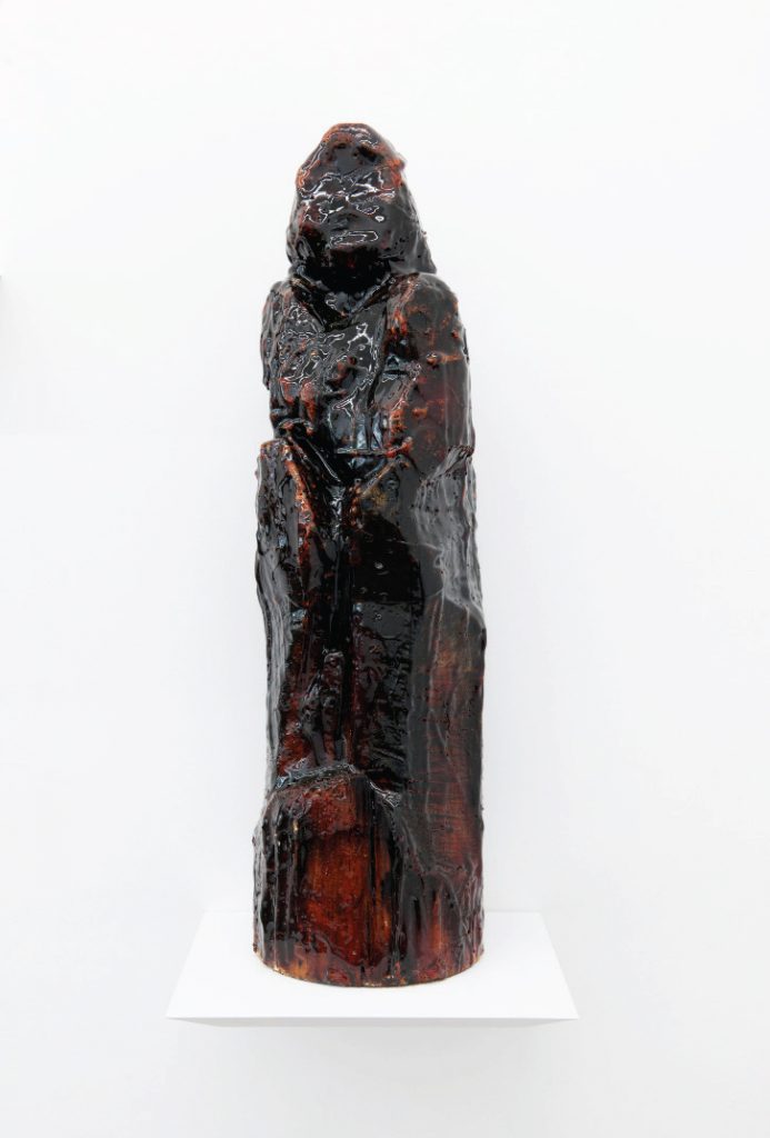 Fabrice Samyn Untitled from the series 'Black is Virgin', 2016 Burned wood and resin, ca. 90 x 25 x 23 cm. Courtesy of Meessen de Clercq.