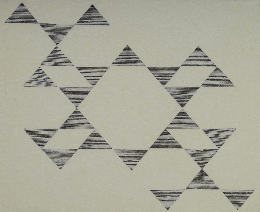 Lygia Pape 'Tecelar', 1955 Woodcut print on Japanese paper, 42 x 53.5 cm / 16 1/2 x 21 1/8 in. © Projeto Lygia Pape Courtesy Projeto Lygia Pape and Hauser & Wirth Photo: Paula Pape