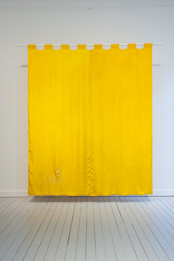 Kasper Bosmans 'Iris Pseudacorus (Yellow Flag)', 2016 Organic silk dyed with Kurkuma and Chelidonium, wood, metal wire, silkscreen ink Installation Dimensions: 121 1/4 x 102 3/8 x 1 3/8 inches (308 x 260 x 3.5 cm). Flag: 118 1/8 x 102 3/8 x 1/4 inches (300 x 260 x 0,5 cm) Wooden bar: 118 1/8 x 1 1/2 (300 x 3,5 cm) Copyright Kasper Bosmans Courtesy Gladstone Gallery, New York and Brussels. Photo: Philippe de Gobert