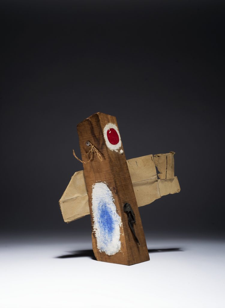 Joan Miró 'Painting-Object', 1950 Oil on log with sheet of rag, string, and ripped packing cardboard thumbtacked or nailed to the wood, 30.8 x 26.4 cm / 12 1/8 x 10 3/8 in © 2016 Artists Rights Society (ARS), New York. Courtesy Hauser & Wirth
