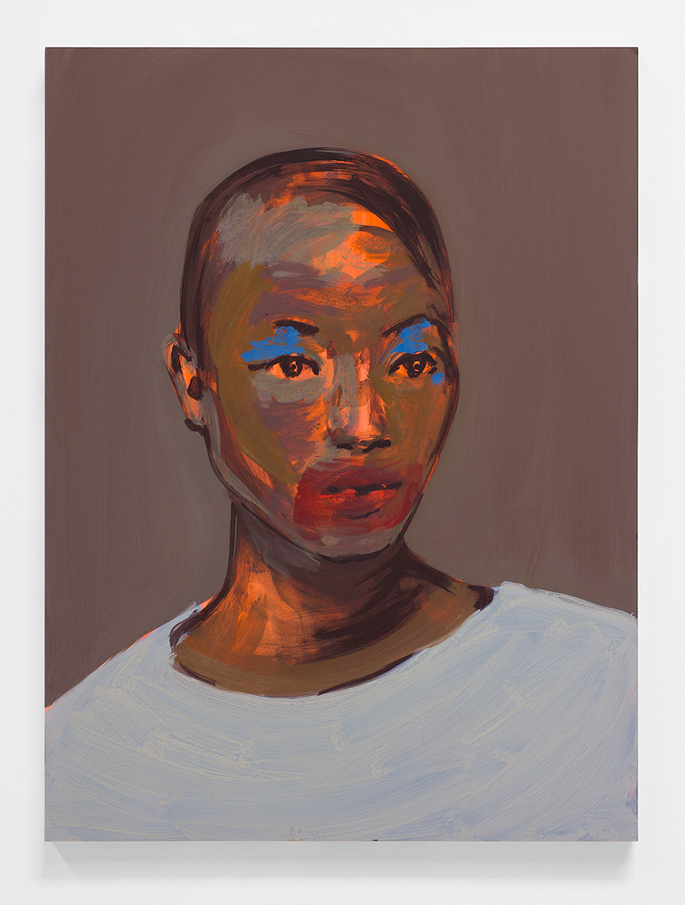 Claire Tabouret 'Makeup (blue and red)', 2016 Acrylic on wood, 24 x 16.3 inches. Courtesy Lyles & King.