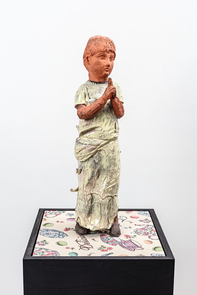 Michaela Meise 'St. Martha' 2016 Glazed ceramic / Wooden plinth and fabric, 148 x 40 x 40 cm / 58 1/4 x 15 3/4 x 15 3/4 in Courtesy of the artist and STANDARD (OSLO), Oslo Photographer: Vegard Kleven