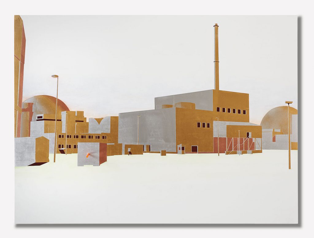 Silke Schatz 'Neckarwestheim I', 2015/16 mixed media on wood, 101 x 137,5 x 2 cm. Courtesy Meyer Riegger.
