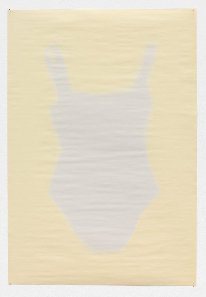 Jamie Isenstein 'Sunprint', 2016 newsprint with impression of woman's one piece turquoise bathing suit, 89 x 60,5 cm. Courtesy Meyer Riegger.